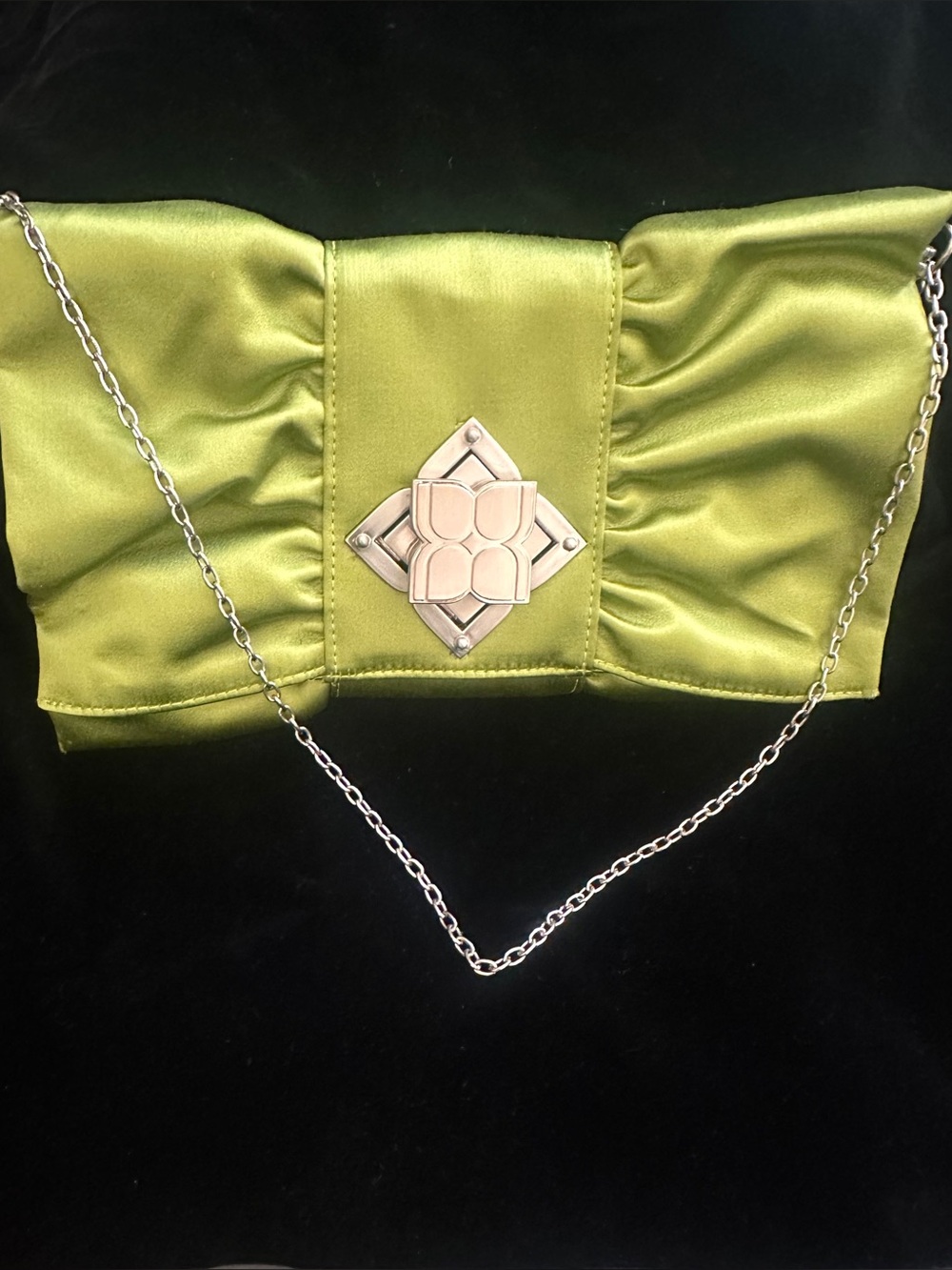BCBGMaxAzria Lime Satin Evening Clutch with Silver Accent Closure and Chain